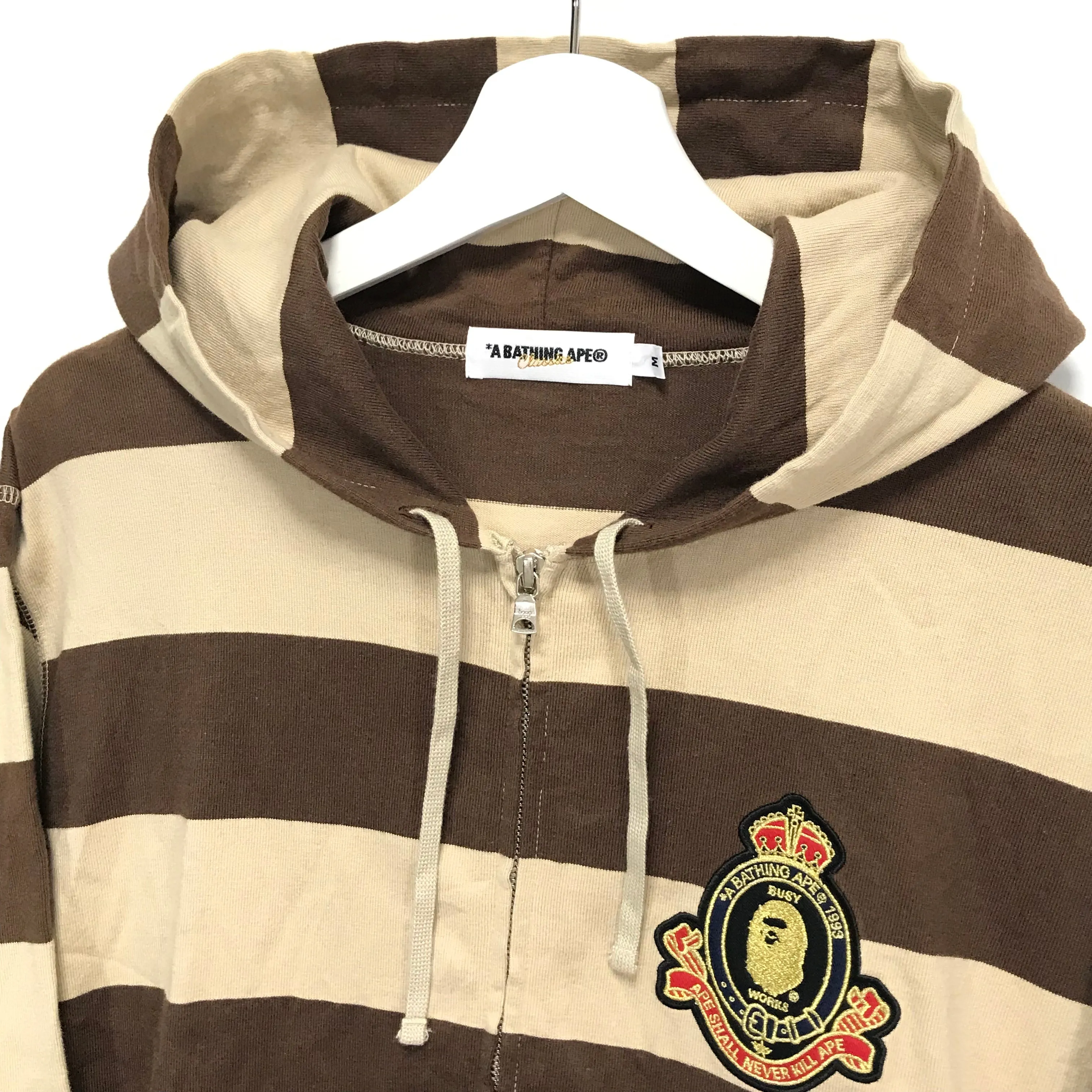 [M] A Bathing Ape Bape Crest Striped Hoodie Brown