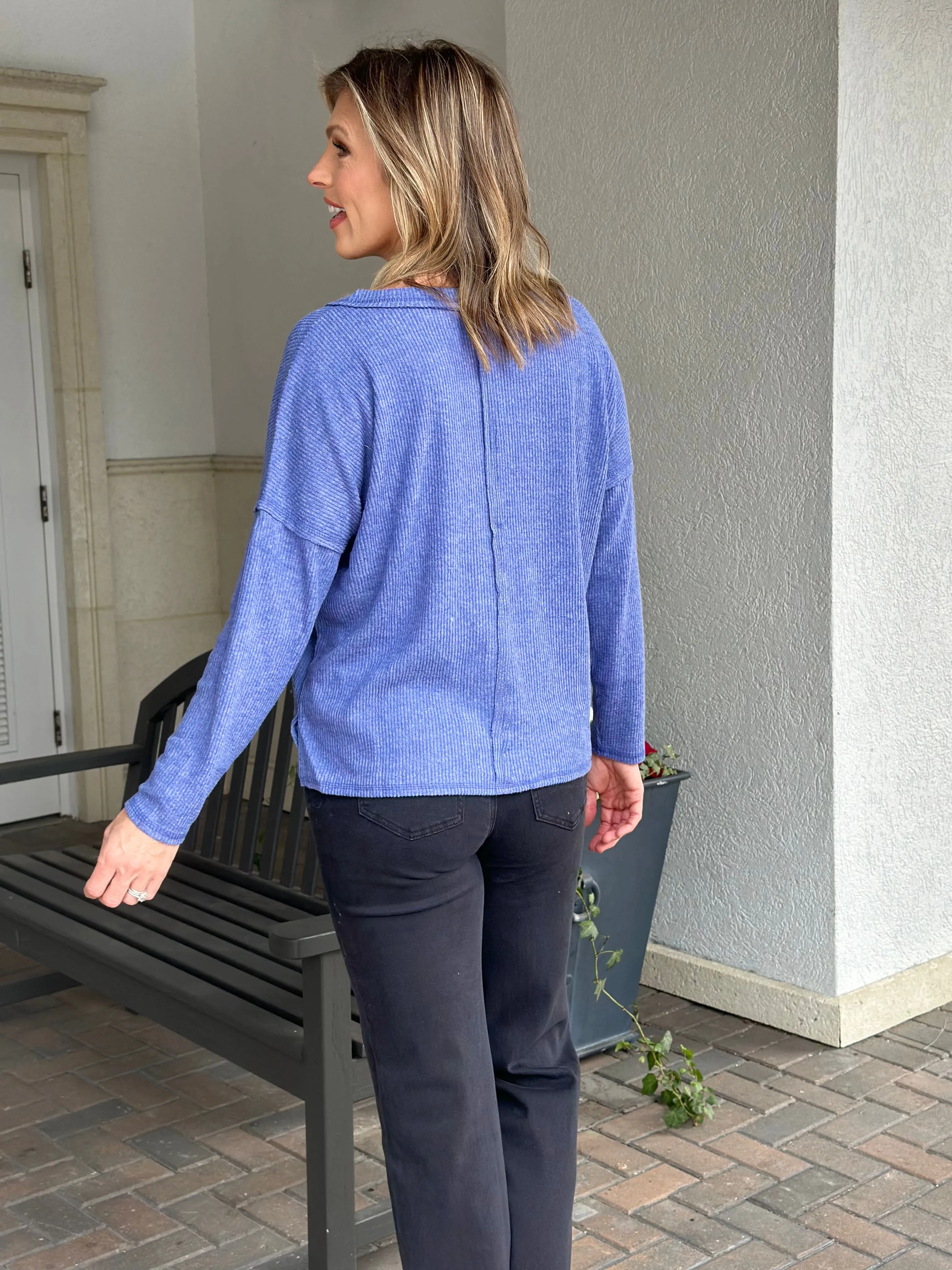 Marlena Ribbed V-Neck Top-Blue