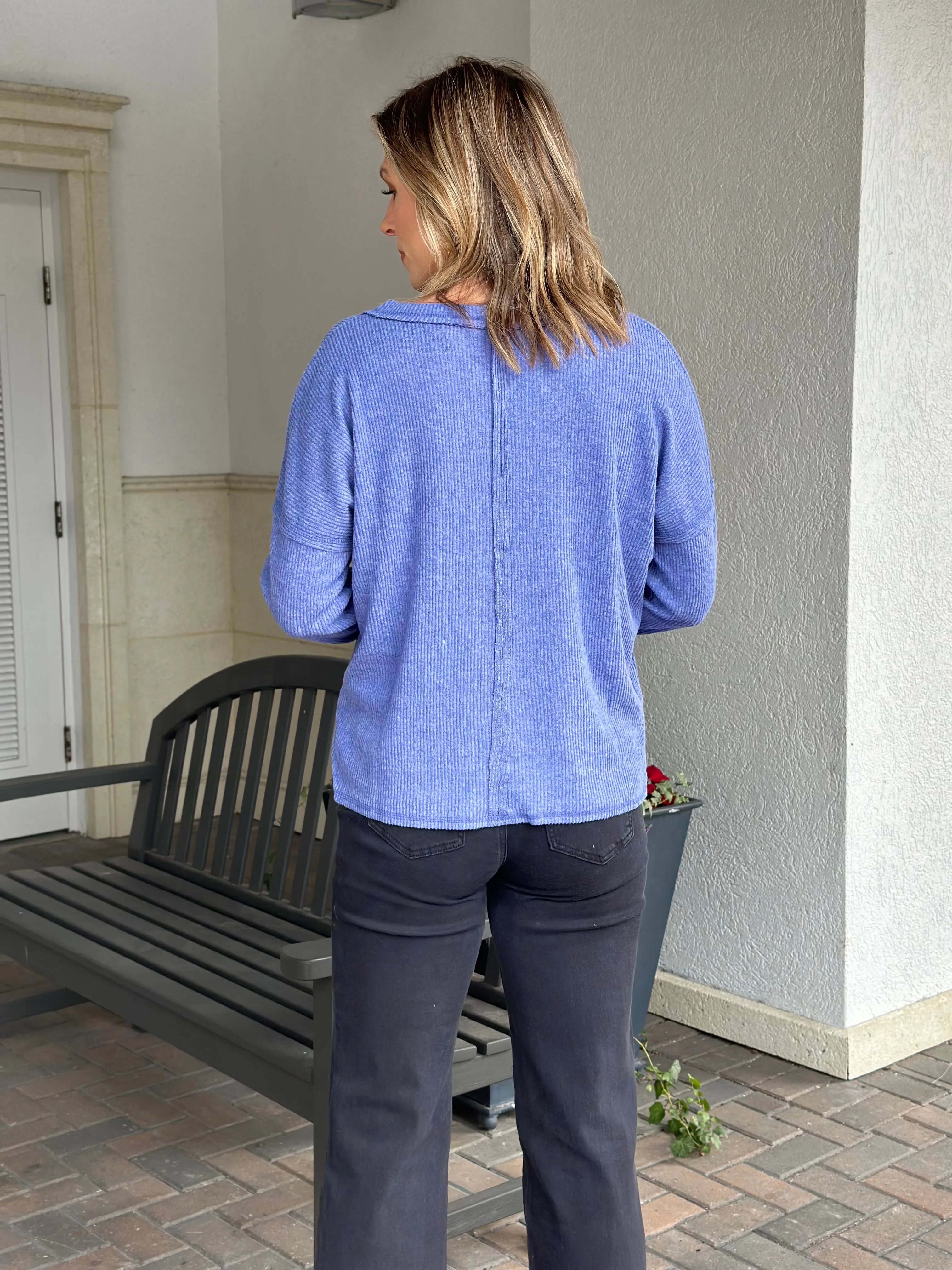 Marlena Ribbed V-Neck Top-Blue