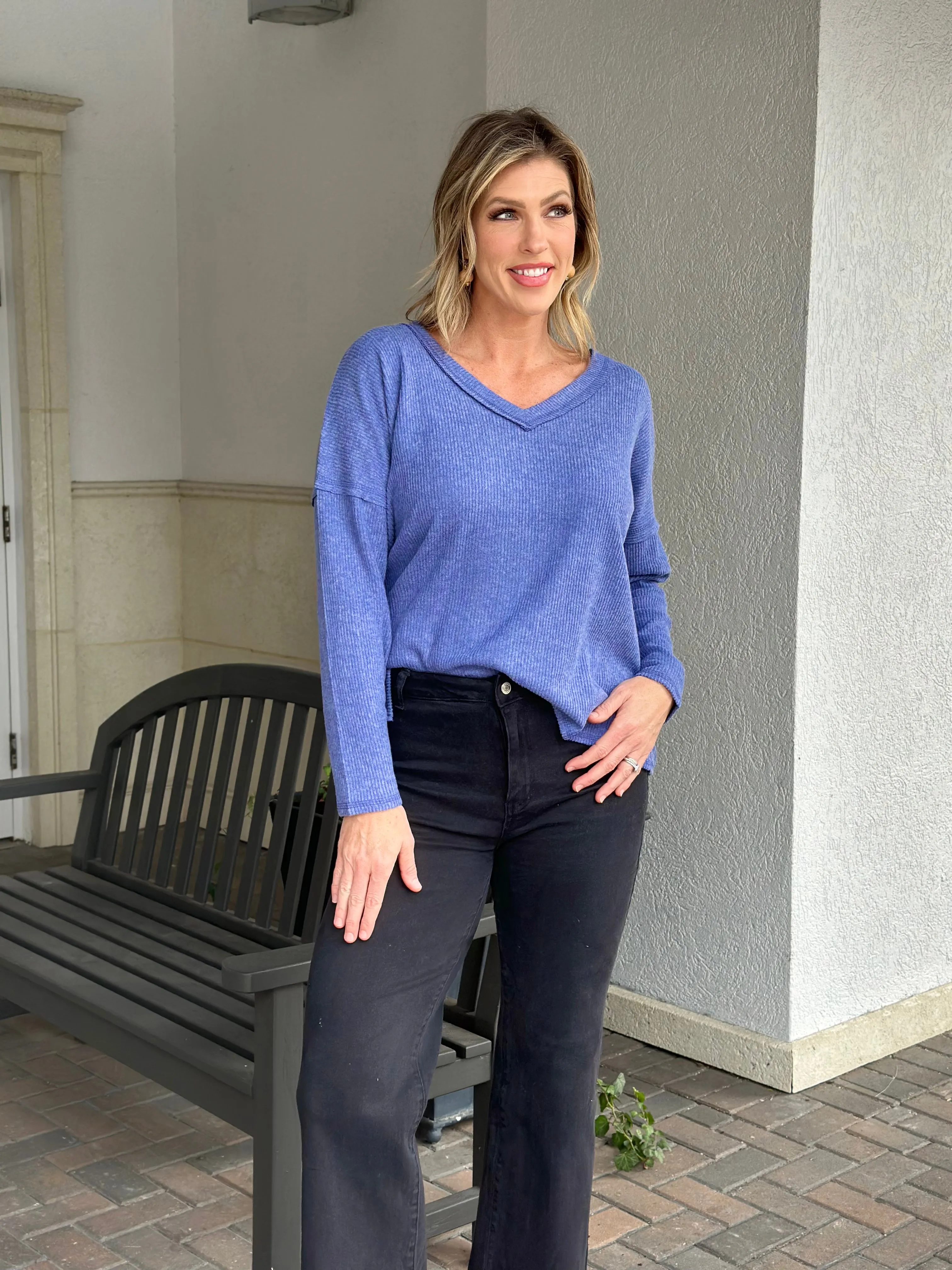 Marlena Ribbed V-Neck Top-Blue