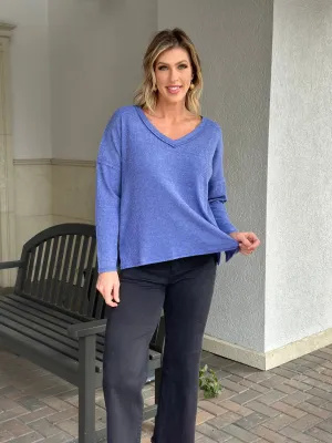 Marlena Ribbed V-Neck Top-Blue