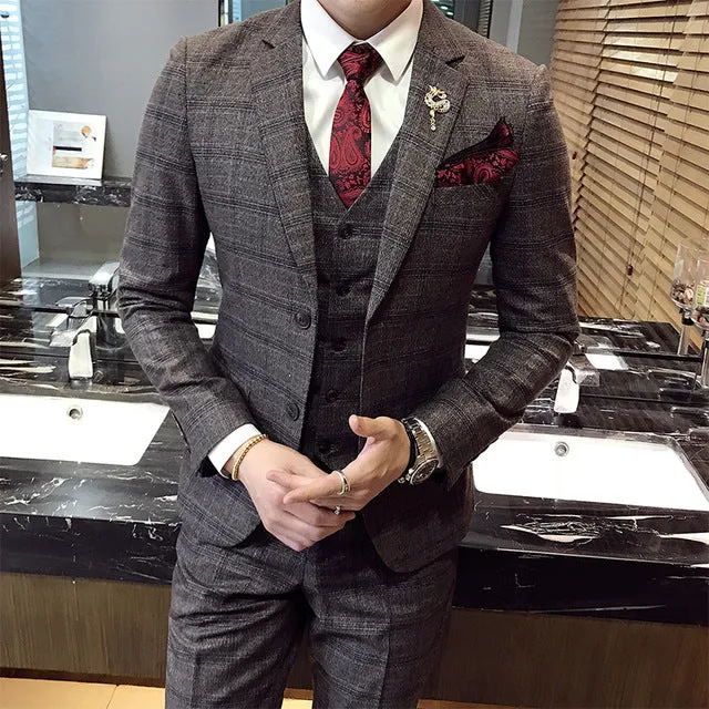 Men's Fashion Plaid 3-Piece Suit Up To 2XL