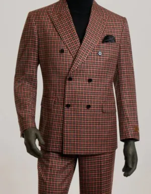 Mens Gray and Burnt Rust Checkered Suit - Plaid Textured Pattern Suit  Modern Fit
