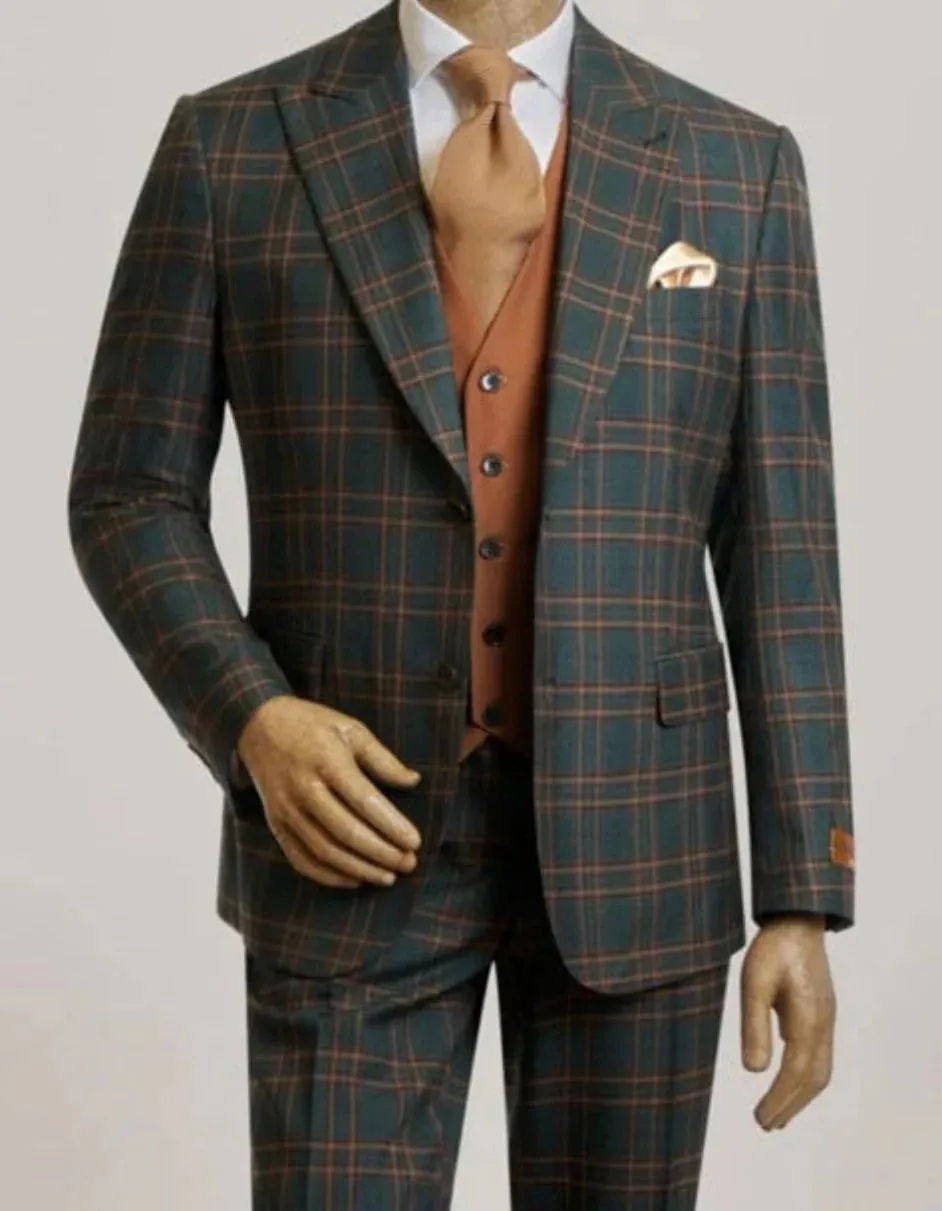 Mens Peak Lapel Modern Fit - No Pleated Pants Designer Brand Green 3 Piece Vested Suit