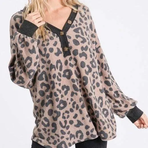 Mia Animal Print V-Neck Top with Button Detail
