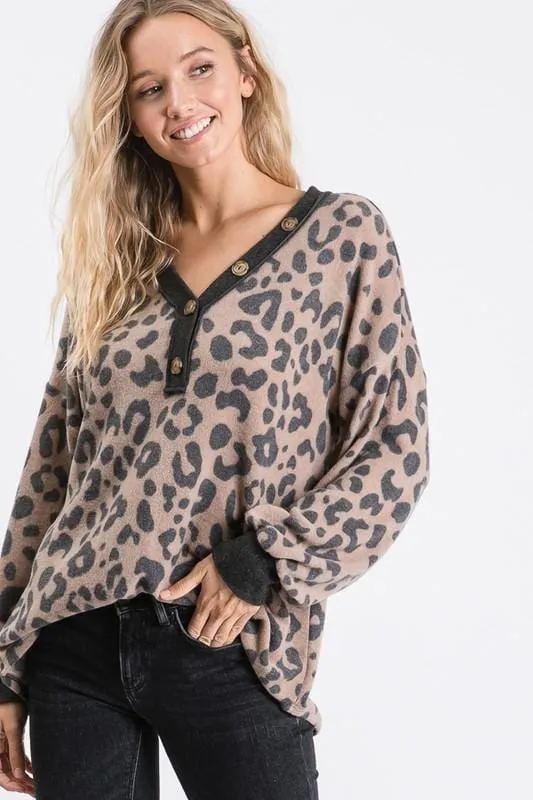 Mia Animal Print V-Neck Top with Button Detail