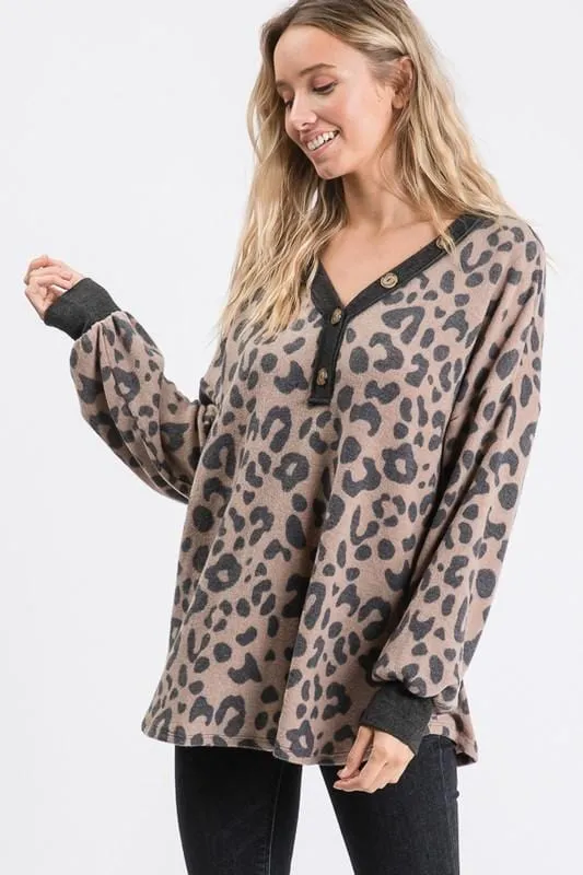 Mia Animal Print V-Neck Top with Button Detail