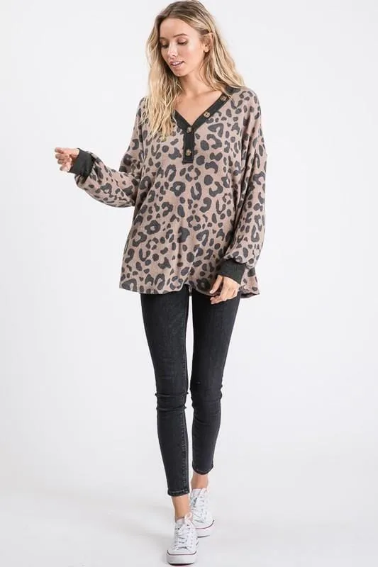 Mia Animal Print V-Neck Top with Button Detail