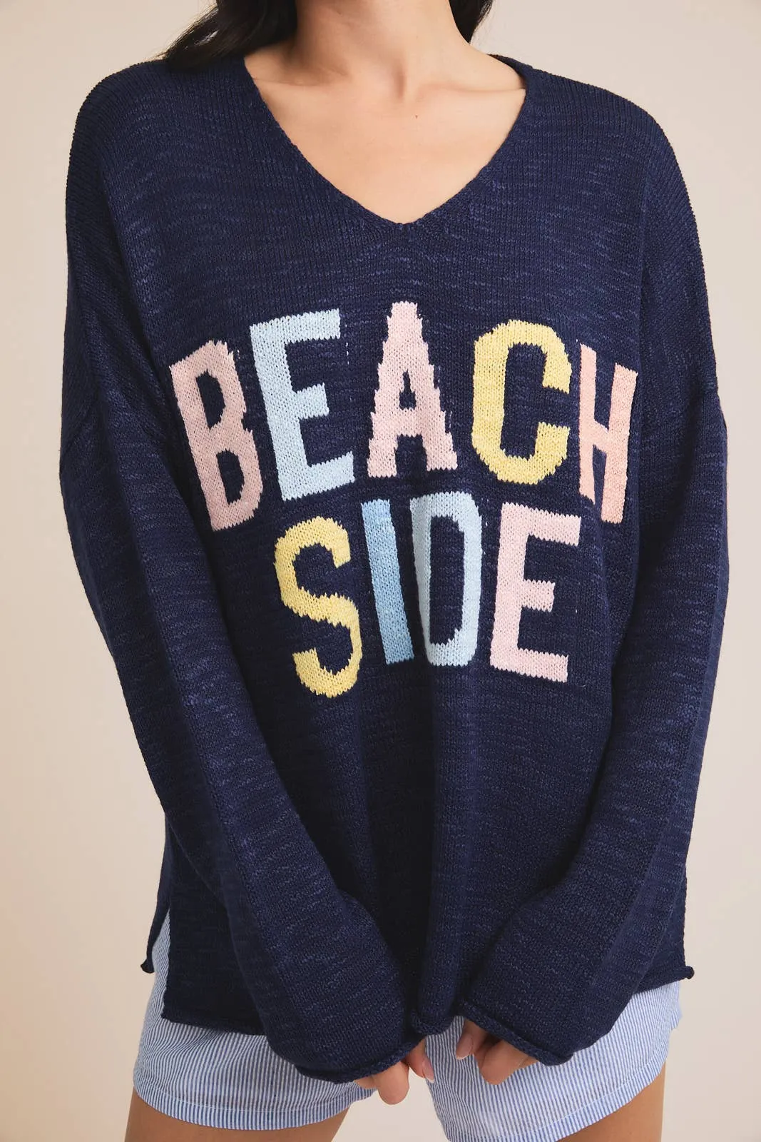 Navy V Neck Long Sleeve Beach Side Light Weight Sweater