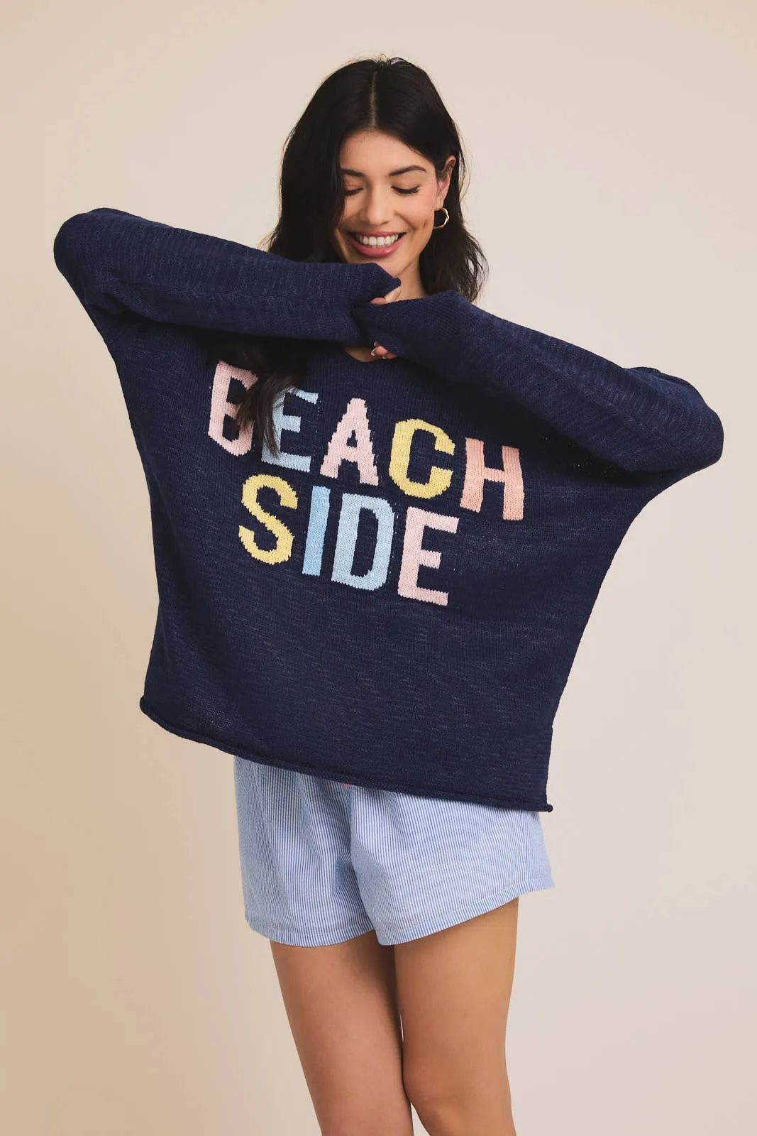 Navy V Neck Long Sleeve Beach Side Light Weight Sweater