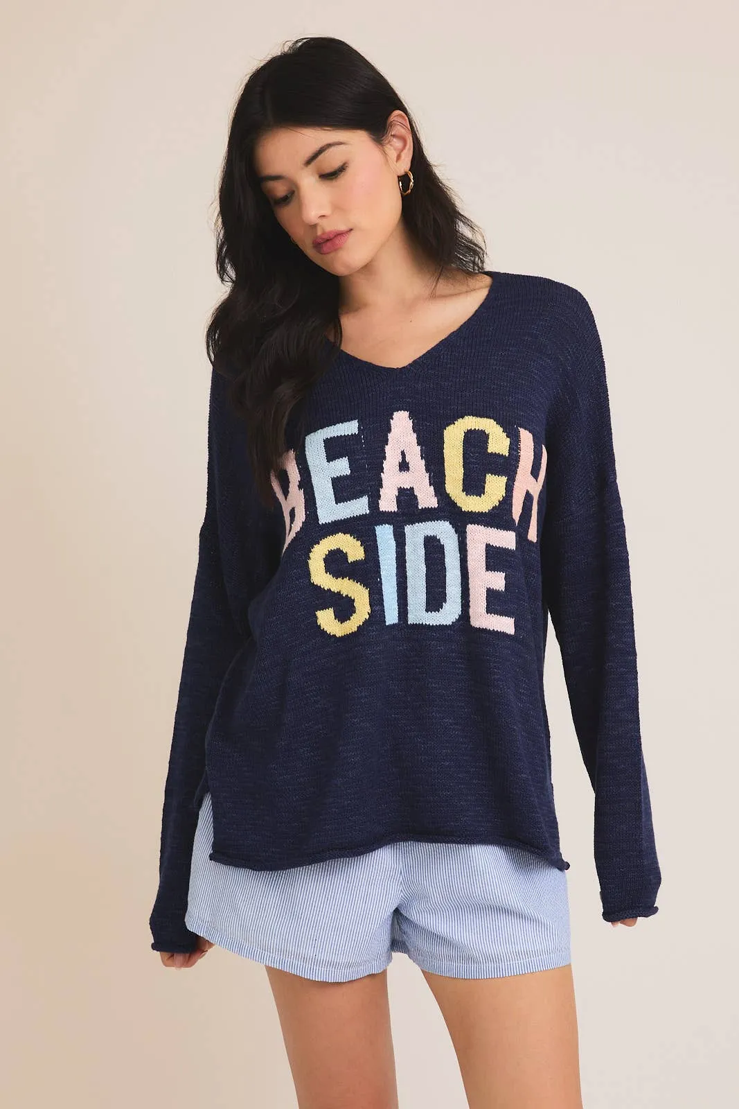 Navy V Neck Long Sleeve Beach Side Light Weight Sweater