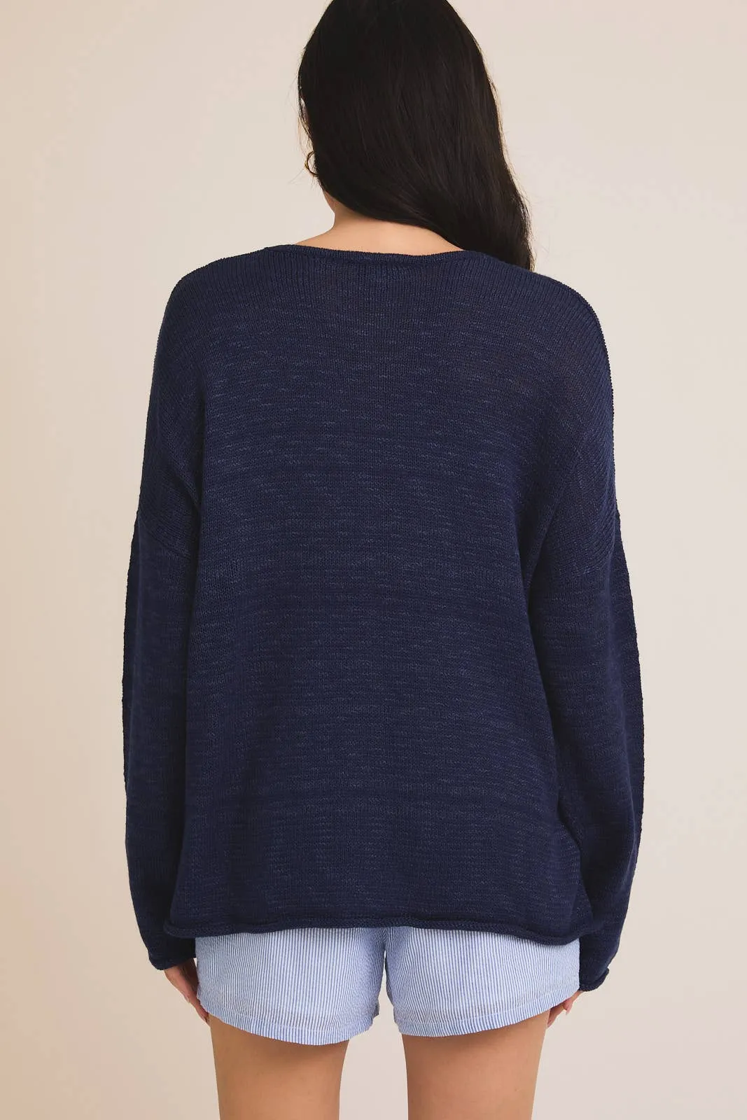 Navy V Neck Long Sleeve Beach Side Light Weight Sweater