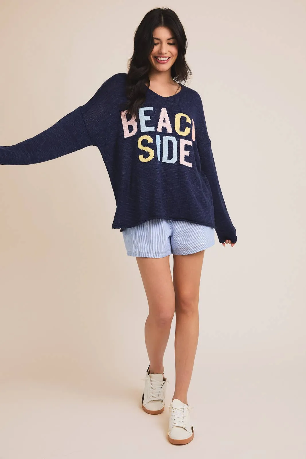 Navy V Neck Long Sleeve Beach Side Light Weight Sweater