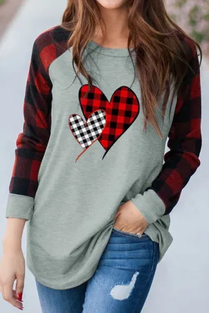 Plaid Heart Shape Print Color Block Long Sleeve Top