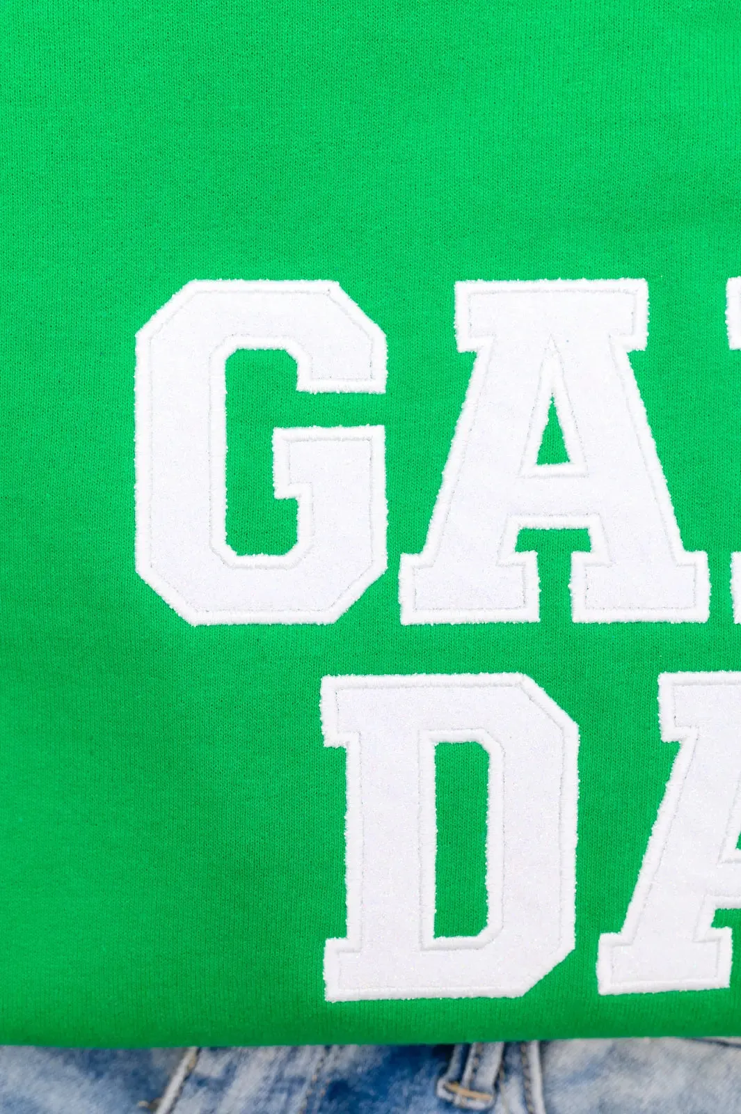 PREORDER: Embroidered Glitter Game Day Sweatshirt in Kelly Green/White