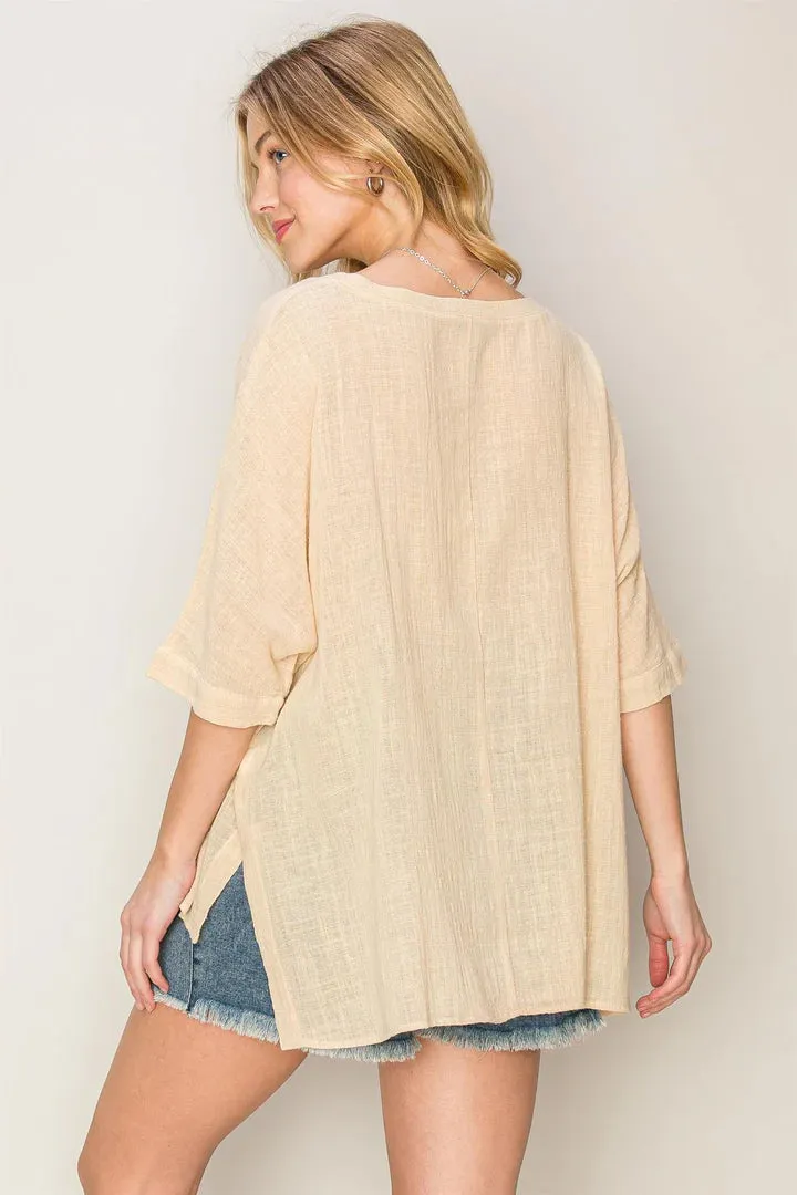 River Oversized V-Neck Top In Sand