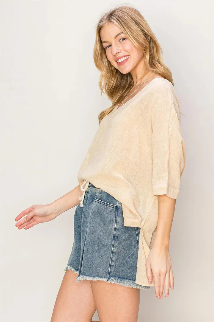 River Oversized V-Neck Top In Sand