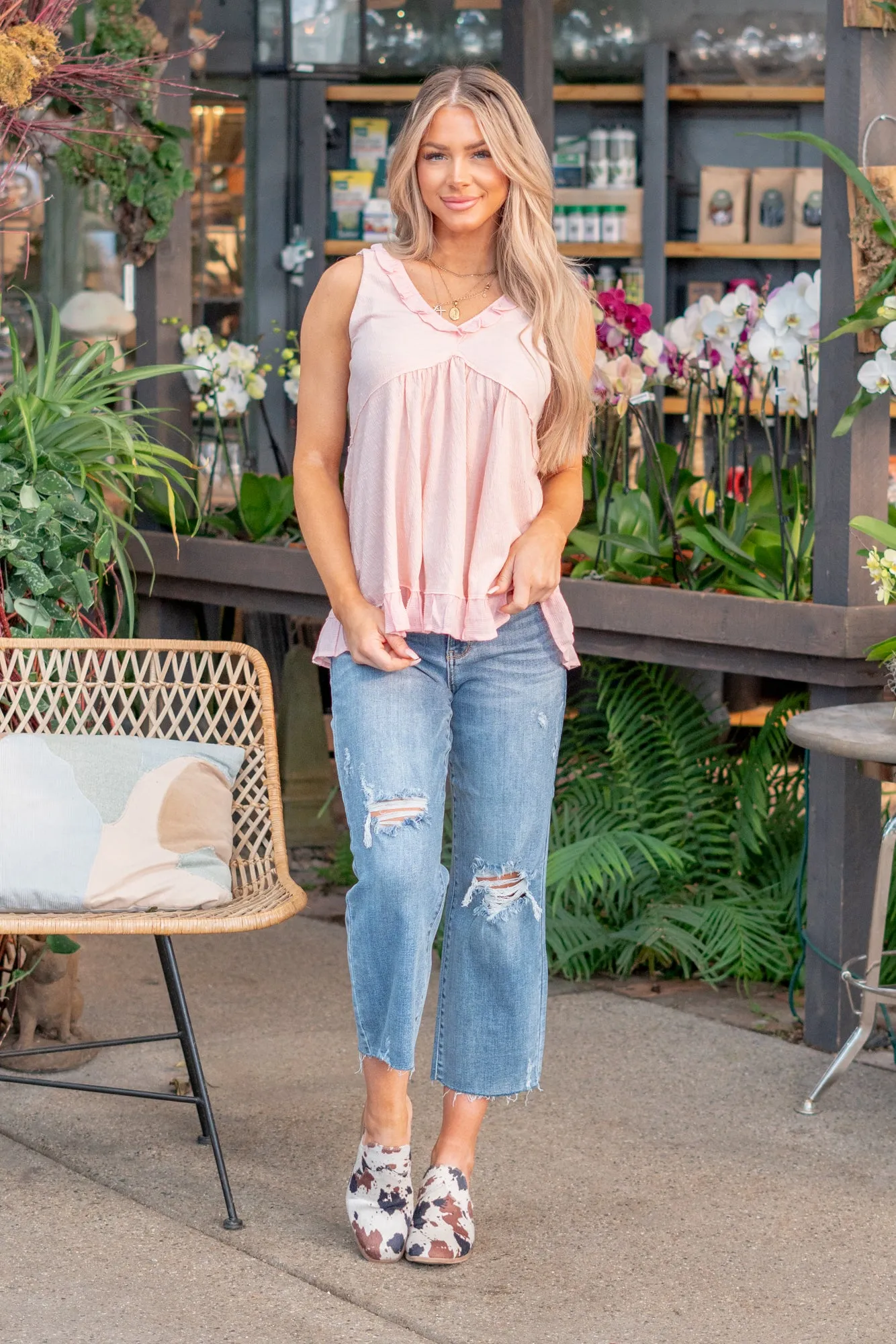 Sabrina Tiered Ruffle V Neck Top - Blush
