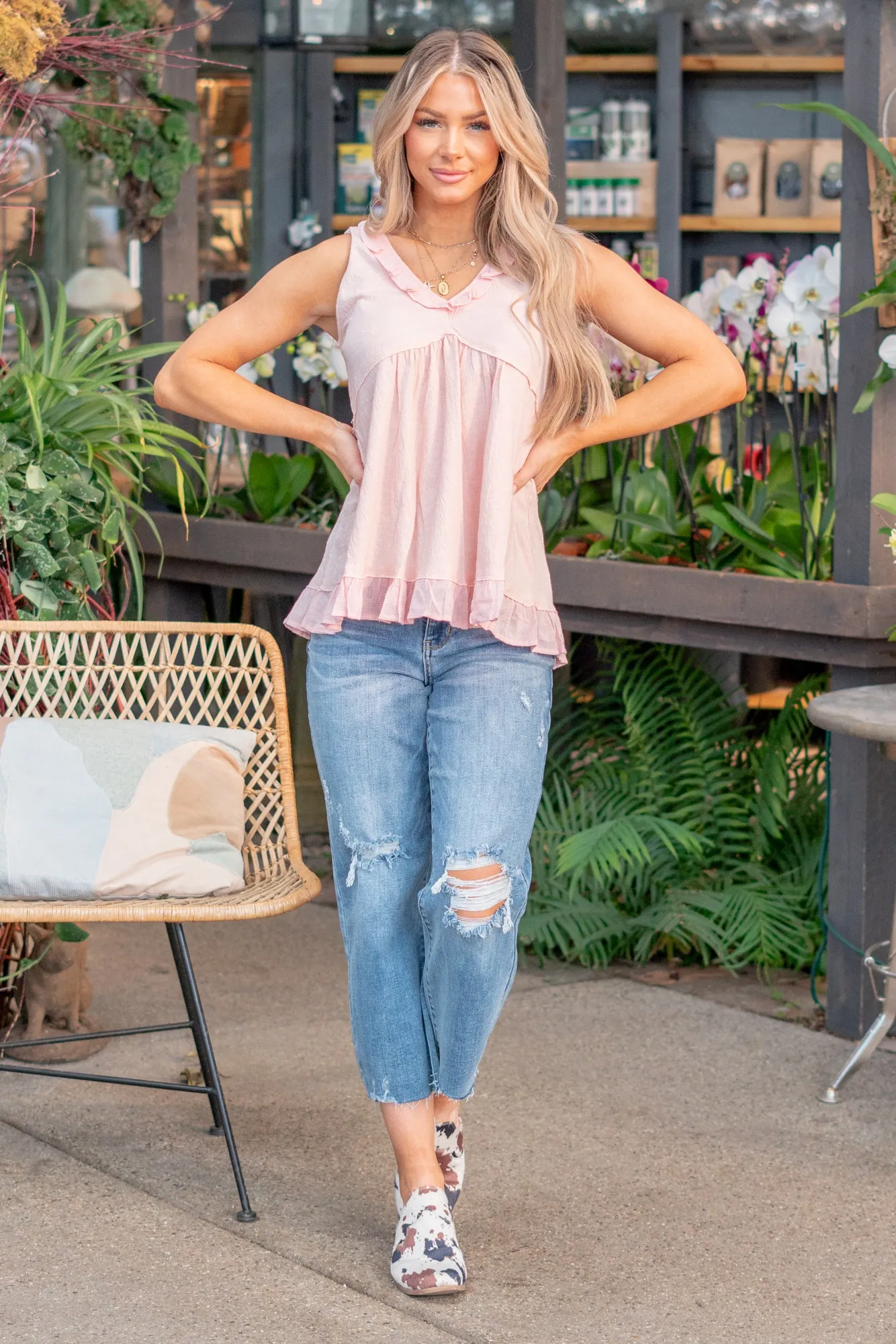 Sabrina Tiered Ruffle V Neck Top - Blush