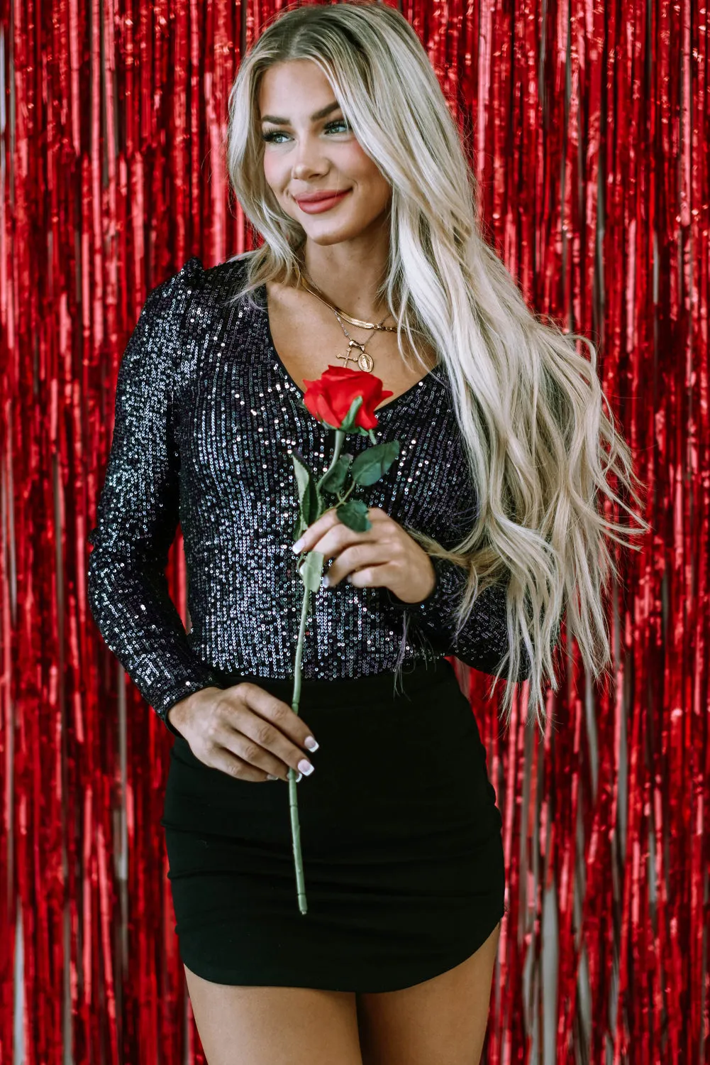 Sequin V Neck Zipped Bodysuit