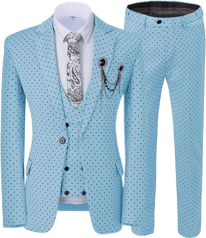 Sky Blue Notched Lapel Black Dot Three Pieces Prom Suits Slim Fit Wedding Suits