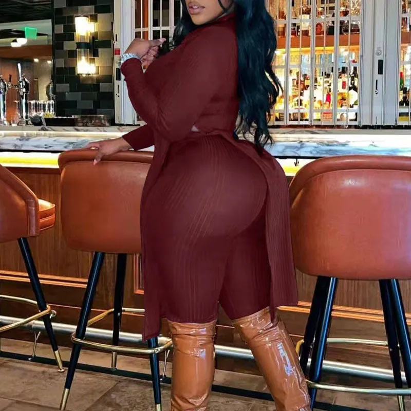 Solid V-Neck Long Sleeve Slit Top & Pants Set
