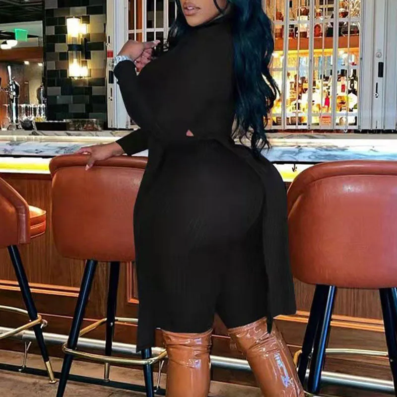 Solid V-Neck Long Sleeve Slit Top & Pants Set