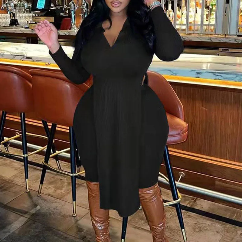 Solid V-Neck Long Sleeve Slit Top & Pants Set