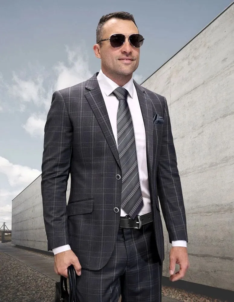Statement Men's 2-Piece Big & Tall 100% Wool Fashion Suit – Layered Windowpane Pattern