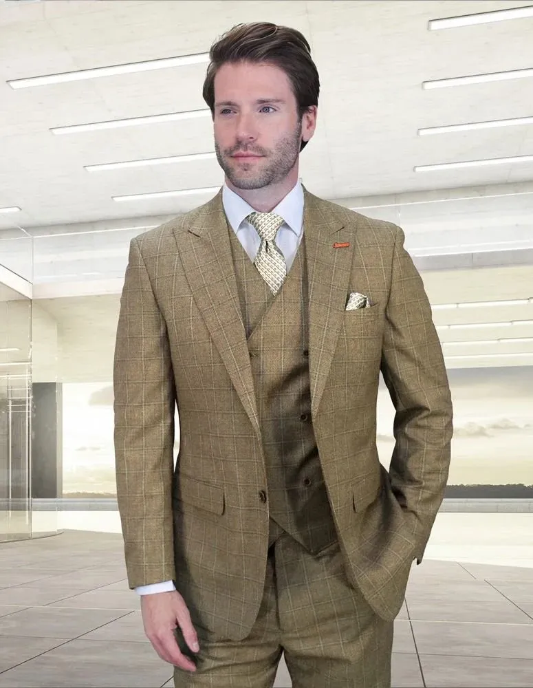 Statement Men's 3-Piece Modern Fit Suit – 100% Wool with V-Neck Double-Breasted Waistcoat