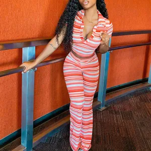 Striped Deep V-Neck Crop Top & Wide Leg Pants Set