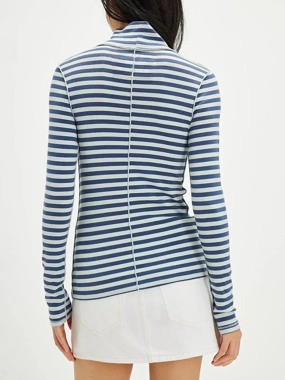 Striped Turtleneck Long Sleeve Tee with Exposed Seams