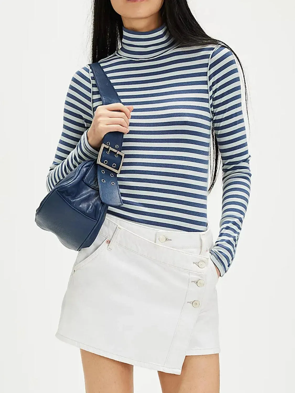 Striped Turtleneck Long Sleeve Tee with Exposed Seams