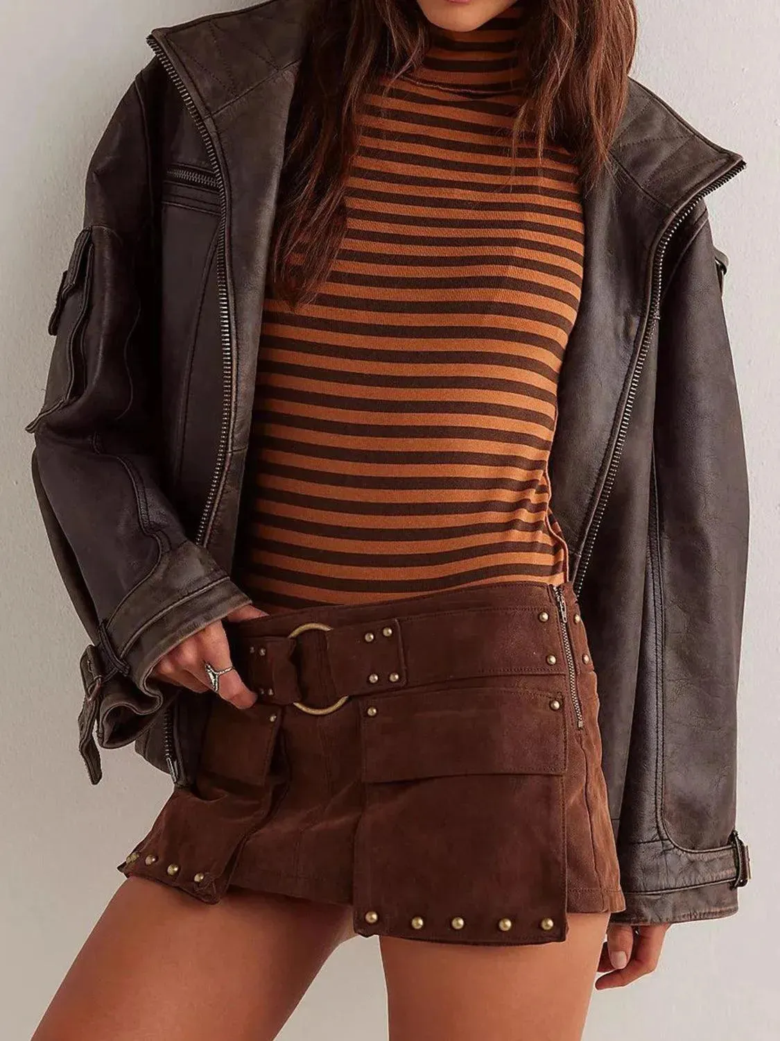 Striped Turtleneck Long Sleeve Tee with Exposed Seams