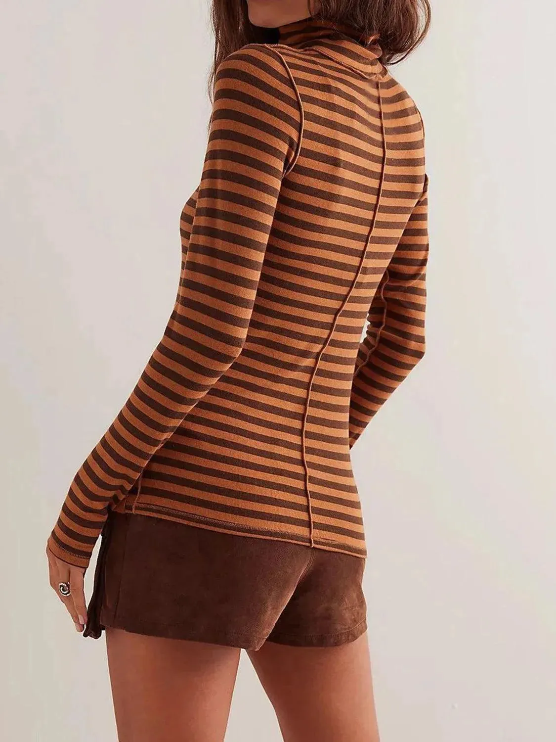 Striped Turtleneck Long Sleeve Tee with Exposed Seams