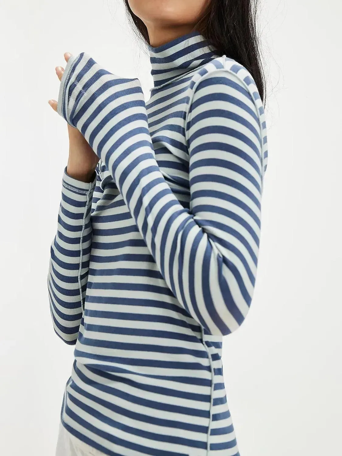 Striped Turtleneck Long Sleeve Tee with Exposed Seams