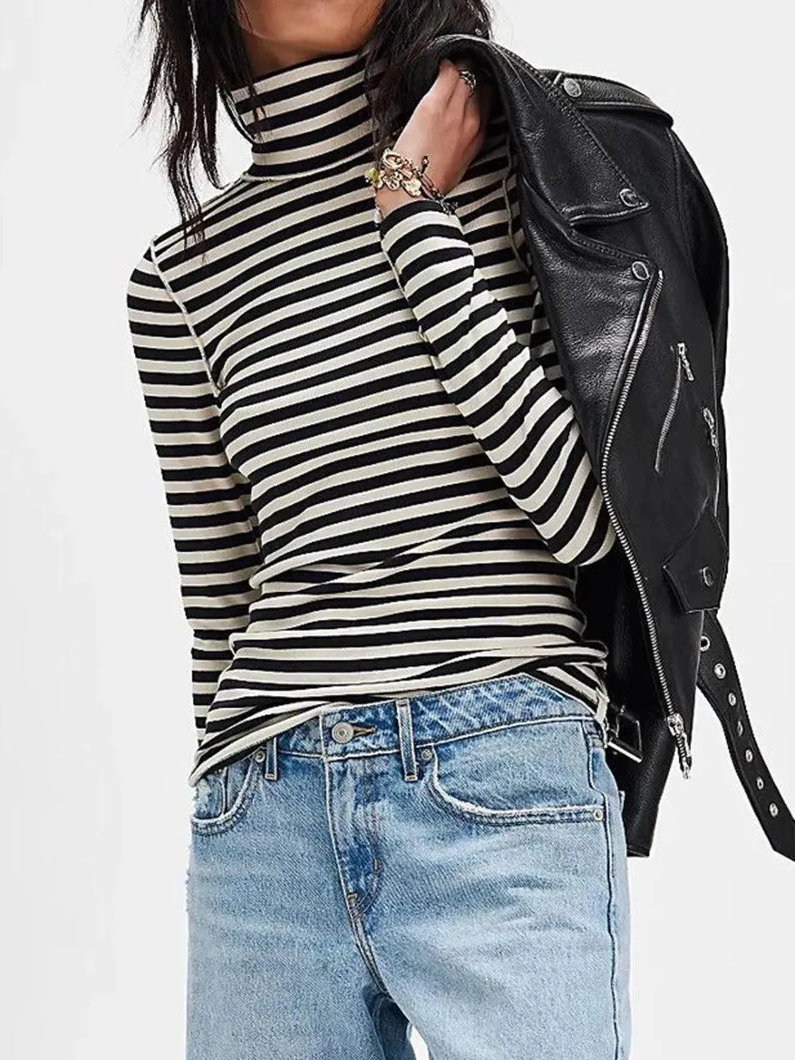 Striped Turtleneck Long Sleeve Tee with Exposed Seams