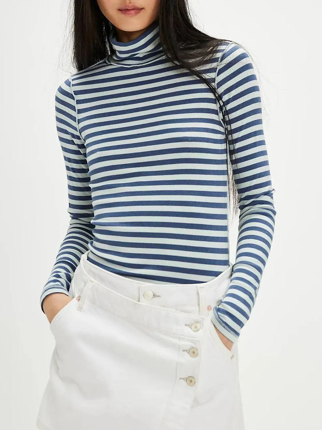 Striped Turtleneck Long Sleeve Tee with Exposed Seams