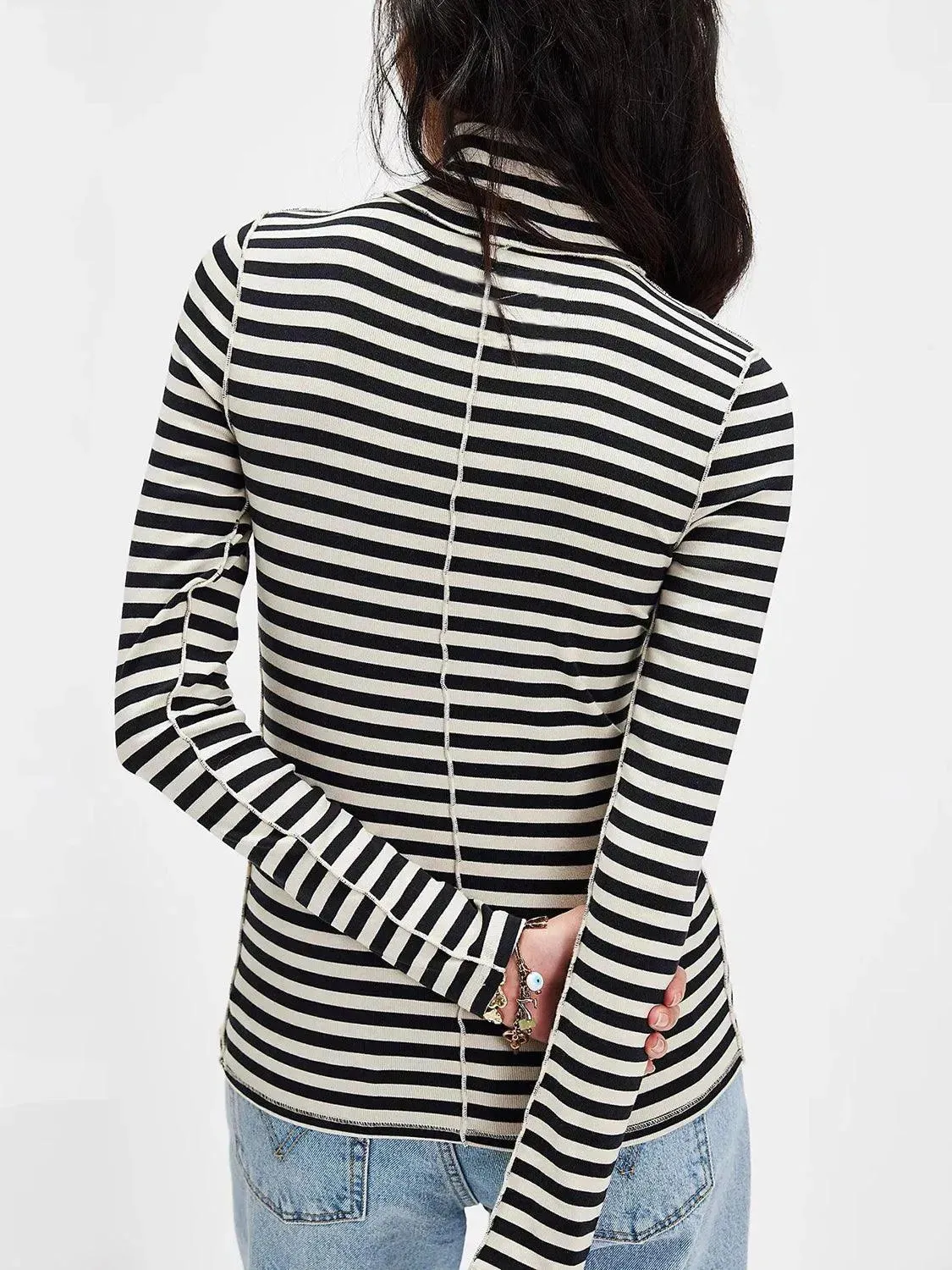 Striped Turtleneck Long Sleeve Tee with Exposed Seams