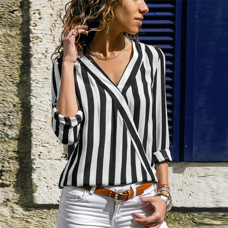 Stunncal V-Neck Striped Long-Sleeved Shirt