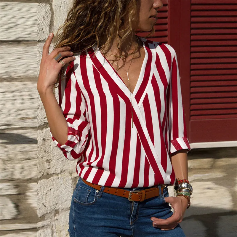 Stunncal V-Neck Striped Long-Sleeved Shirt