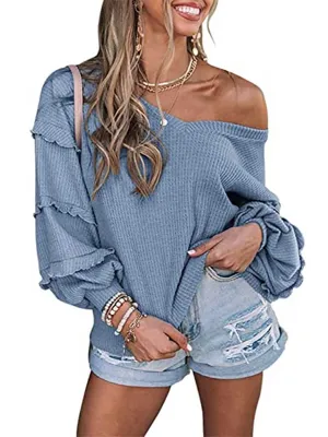 Stunncal Waffle V-Neck Ruffle Lantern Sleeve Top