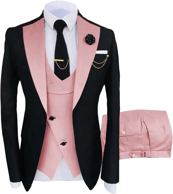 Stylish Pink Shawl Lapel Three Pieces Prom Suits For Men Regular Business Suits