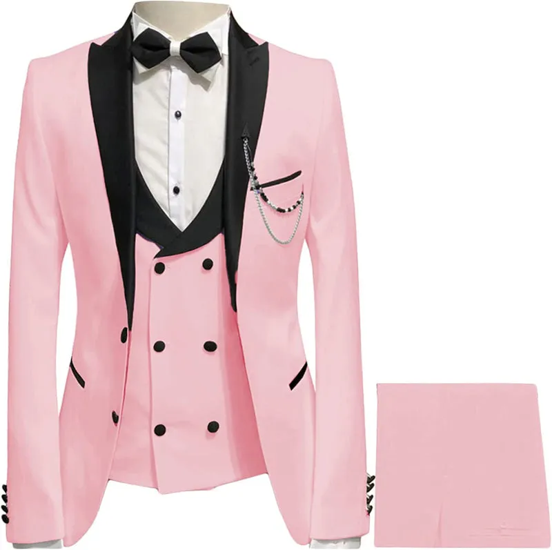 Stylish Pink Three Pieces Prom Suits with Black Peaked Lapel Slim Fit Wedding Suits