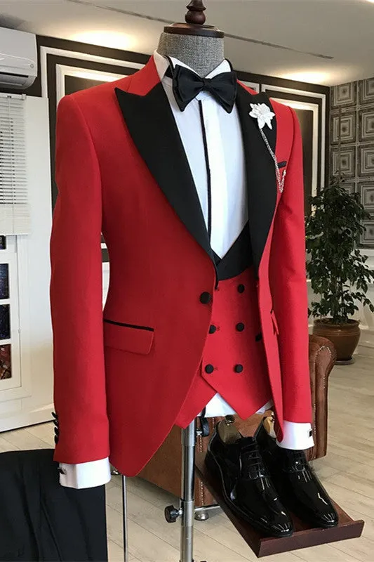 Stylish Red Three Pieces Slim Fit Prom Suits Black Peaked Lapel Wedding Party Groom Blazer Vest Pants