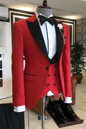 Stylish Red Three Pieces Slim Fit Prom Suits Black Peaked Lapel Wedding Party Groom Blazer Vest Pants