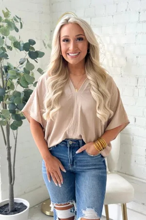 Taupe Short Sleeve V-Neck Top