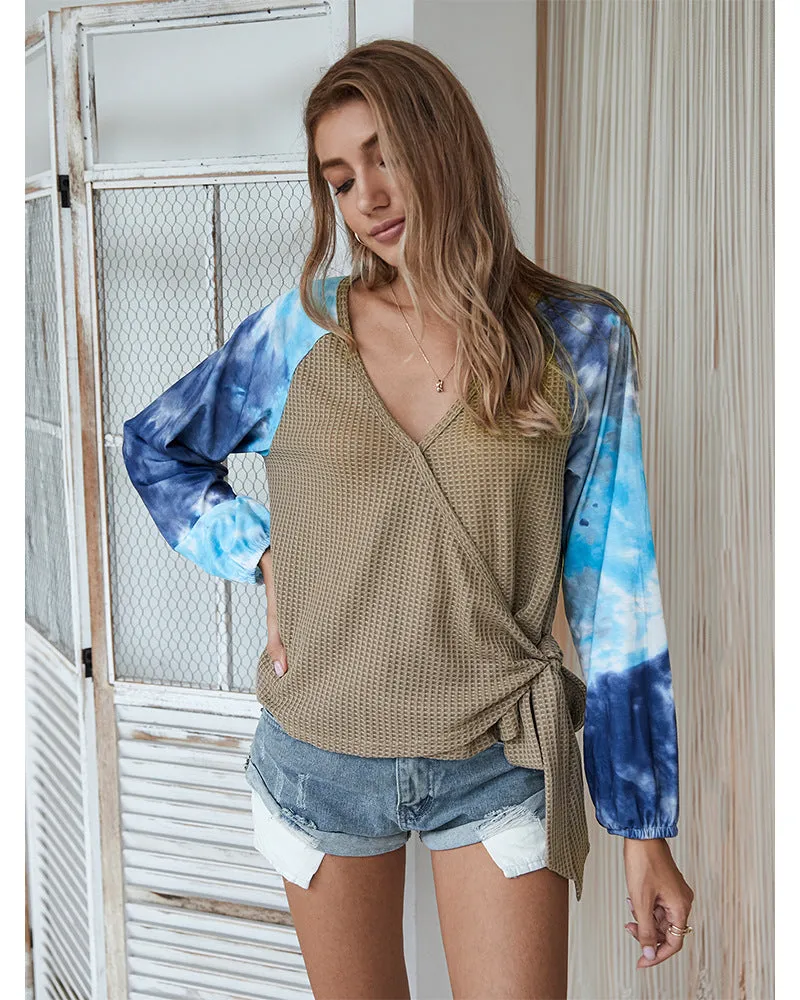 Tie-dye V-neck Cross Strappy Casual Tops