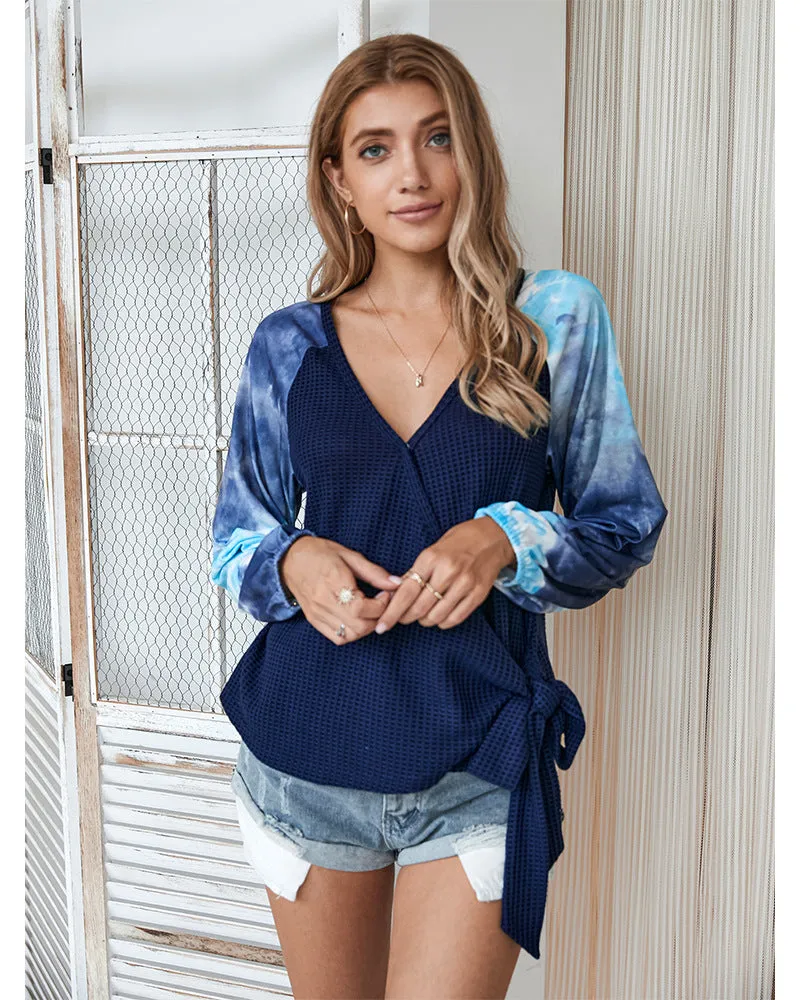 Tie-dye V-neck Cross Strappy Casual Tops