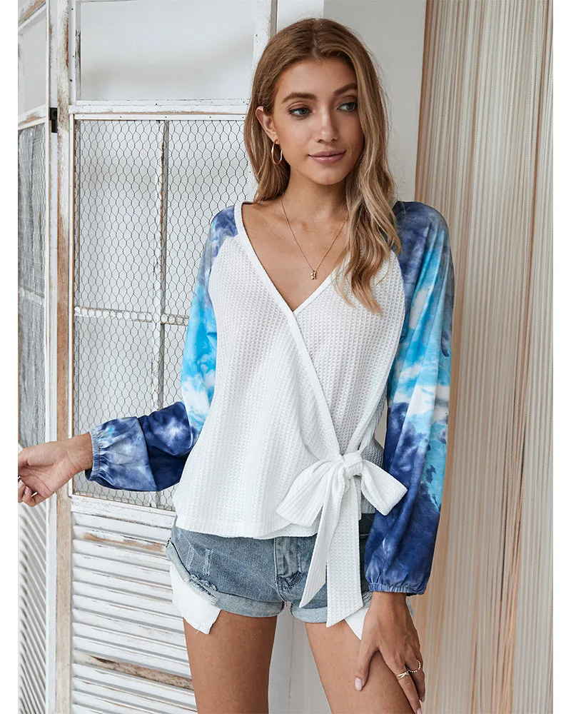 Tie-dye V-neck Cross Strappy Casual Tops